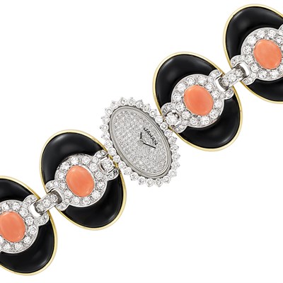 Lot 335 - Two-Color Gold, Black Onyx, Coral and Diamond Wristwatch, Jahan, Omega