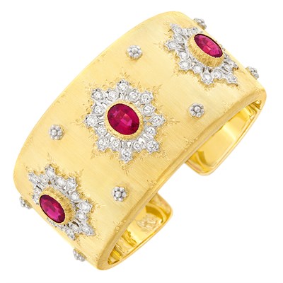 Lot 36 - Two-Color Gold, Rubellite and Diamond Cuff Bangle Bracelet
