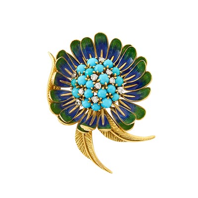 Lot 5 - Gold, Turquoise, Enamel and Diamond Flower Clip-Brooch