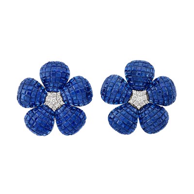 Lot 80 - Pair of White Gold, Invisibly-Set Sapphire and Diamond Flower Earrings