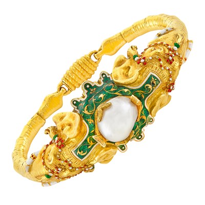 Lot 214 - Antique Gold, Baroque Natural Pearl and Enamel Elephant Bangle Bracelet, France