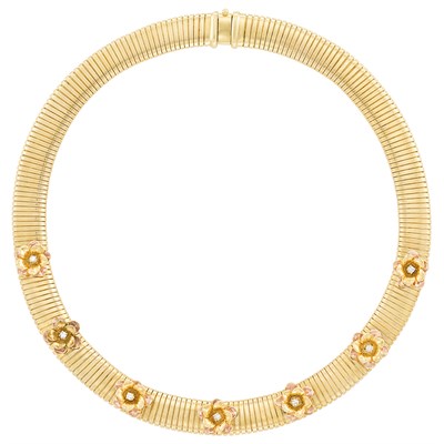 Lot 25 - Two-Color Gold and Diamond Flower Snake Chain Necklace