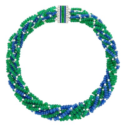 Lot 86 - Multistrand Emerald and Sapphire Bead and Cultured Pearl Torsade Necklace with Emerald, Sapphire and Diamond Clasp