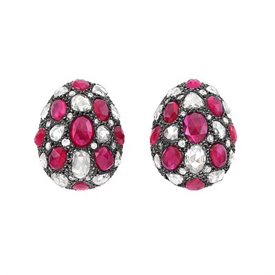 Lot 38 - Pair of Gold, Blackened Gold, Ruby and Diamond Earclips, Fred Leighton