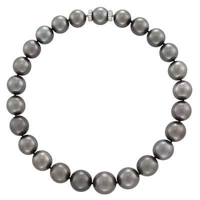 Lot 39 - Tahitian Black Cultured Pearl, Platinum and Diamond Necklace