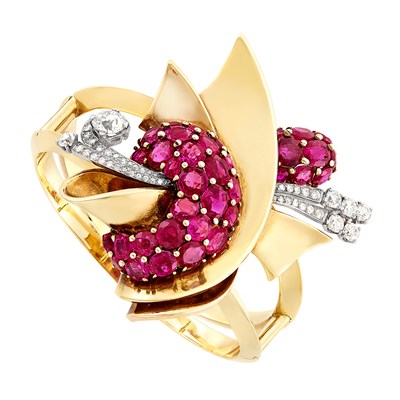 Lot 372 - Two-Color Gold, Platinum, Ruby and Diamond Bangle Bracelet/Clip-Brooch Combination