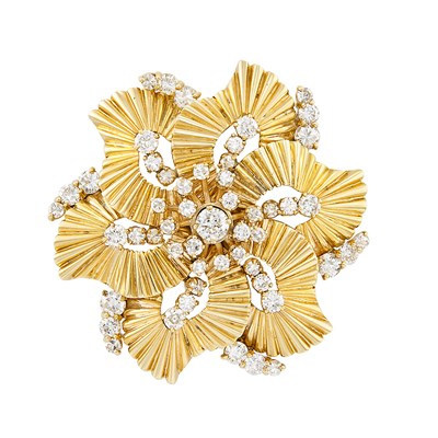 Lot 363 - Gold and Diamond Flower Clip-Brooch
