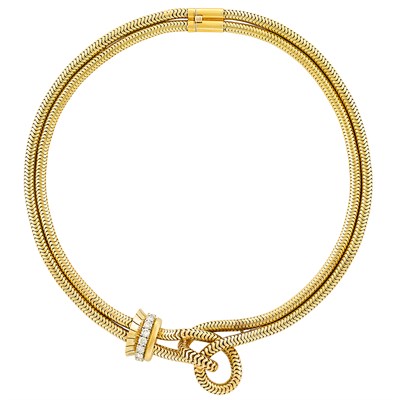 Lot 21 - Double Strand Gold, Platinum and Diamond Snake Chain Knot Necklace, Van Cleef & Arpels