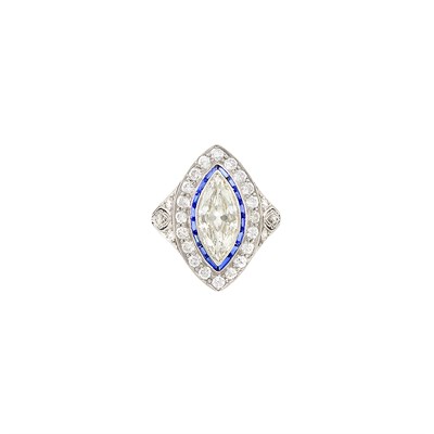 Lot 102 - Platinum, Diamond and Synthetic Sapphire Ring
