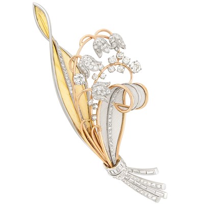 Lot 351 - Tricolor Gold and Diamond Mesh Brooch