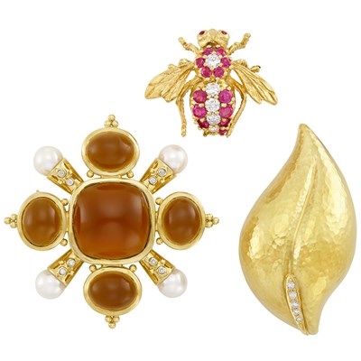 Lot 496 - Group of Gold, Diamond and Colored Stone Brooches