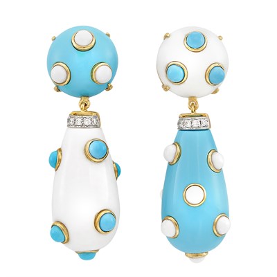 Lot 178 - Pair of Gold, White Agate, Turquoise and Diamond Pendant-Earrings