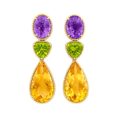 Lot 199 - Pair of Gold, Amethyst, Citrine and Peridot Pendant-Earrings