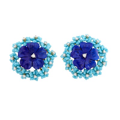 Lot 177 - Pair of Gold, Carved Lapis and Turquoise and Diamond Flower Earclips