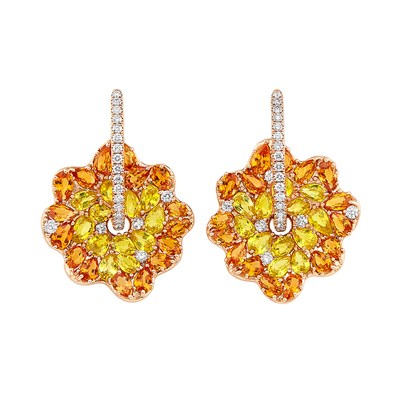 Lot 200 - Pair of Rose Gold, Orange and Yellow Sapphire and Diamond Flower Earrings