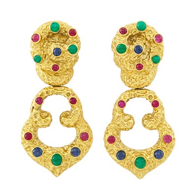 Lot 227 - Pair of Gold and Cabochon Colored Stone Pendant-Earclips, Wander, France