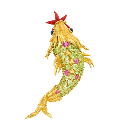 Lot 295 - Gold, Gem-Set and Enamel Koi Fish Clip-Brooch, Tiffany & Co., Schlumberger