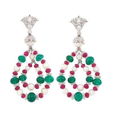 Lot 76 - Pair of White Gold, Emerald, Diamond and Ruby Bead, Cultured Pearl and Diamond Pendant-Earrings