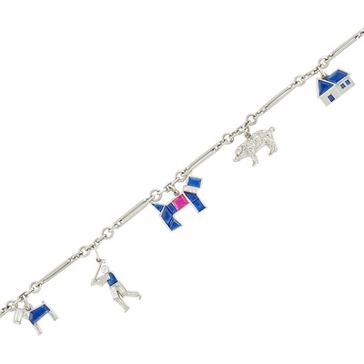 Lot 99 - Platinum, Ruby, Sapphire and Diamond Charm Bracelet, France