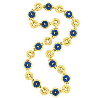 Lot 225 - Gold and Fluted Lapis Necklace