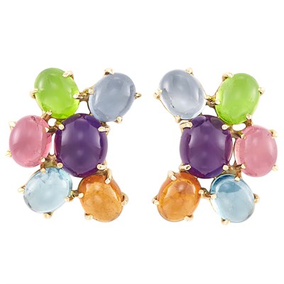 Lot 6 - Pair of Gold and Cabochon Colored Stone Cluster Earclips
