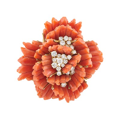 Lot 161 - Coral, Gold and Diamond Flower Pendant, Cartier, France