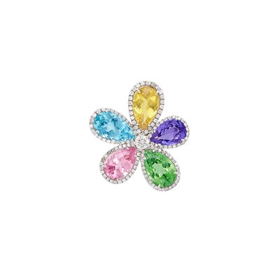 Lot 63 - Platinum, White Gold, Gem-Set and Diamond Flower Ring