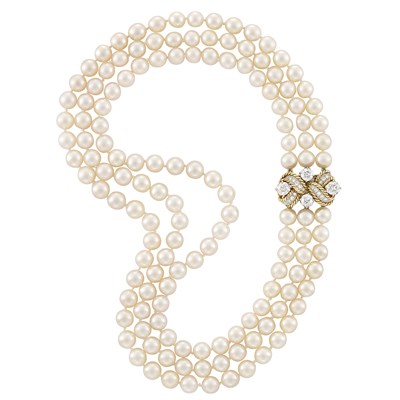 Lot 204 - Triple Strand Cultured Pearl Necklace with Gold, Platinum and Diamond Clasp, Verdura