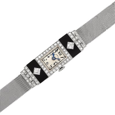 Lot 310 - Art Deco Platinum, Diamond and Black Onyx Wristwatch, Tiffany & Co., Patek Philippe
