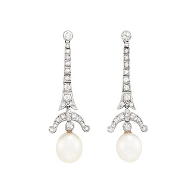 Lot 3 - Pair of Art Deco Platinum, Diamond and Cultured Pearl Earrings