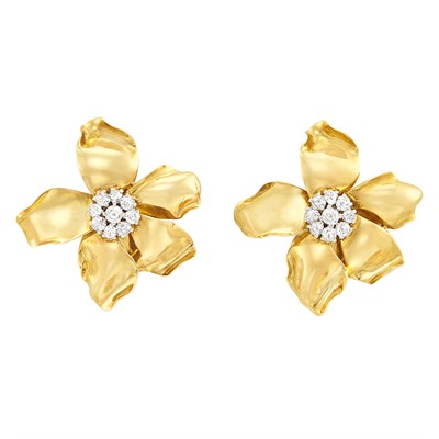 Lot 49 - Pair of Gold, Platinum and Diamond Flower Clip Brooch-Earclips, France