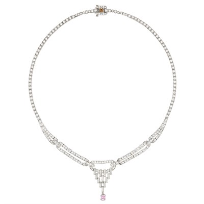 Lot 418 - Art Deco Platinum, Diamond, Fancy Light Pinkish-Purple Diamond and Brown Diamond Necklace