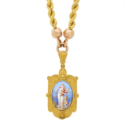 Lot 22 - Two-Color Gold Chain Necklace and Etruscan Revival Gold and Enamel Pendant-Locket