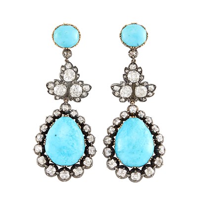Lot 408 - Pair of Antique Silver, Gold, Turquoise and Diamond Pendant-Earrings