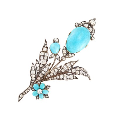 Lot 407 - Antique Silver, Gold, Turquoise and Diamond 'En Tremblant' Flower Brooch