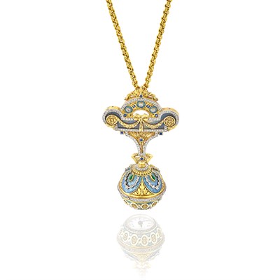 Lot 385 - Belle Époque Gold, Platinum, Enamel, Diamond, Sapphire and Emerald Pendant-Watch and Long Gold Chain