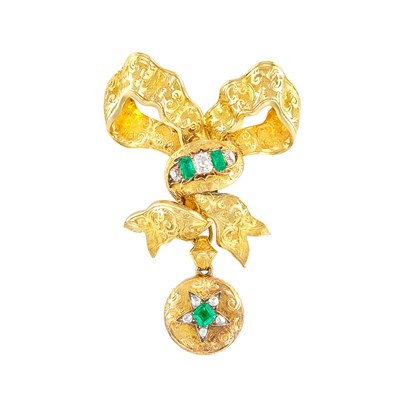 Lot 327 - Antique Gold, Emerald and Diamond Bow Brooch with Pendant