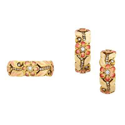 Lot 289 - Pair of Gold, Enamel and Diamond Earrings and Ring