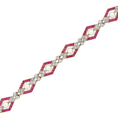 Lot 6 - Edwardian Platinum-Topped Gold, Ruby, Diamond and Pearl Bracelet