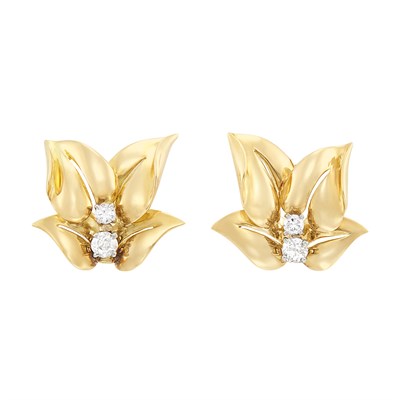 Lot 328 - Pair of Gold and Diamond Leaf Earrings