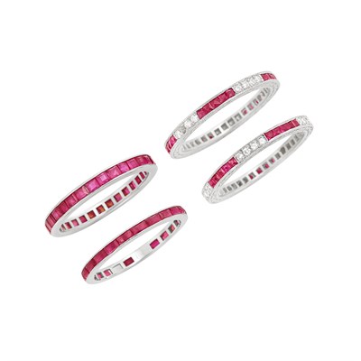 Lot 82 - Four Platinum, White Gold, Ruby and Diamond Band Rings
