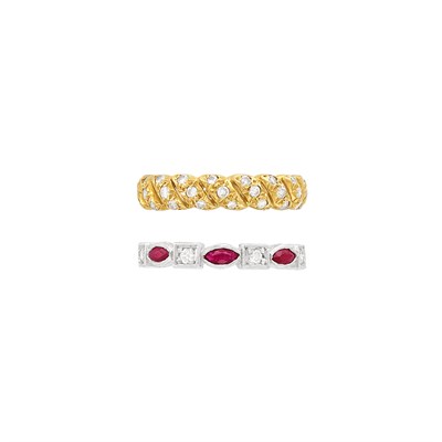 Lot 291 - Gold and Diamond Band Ring and Platinum, Ruby and Diamond Band Ring