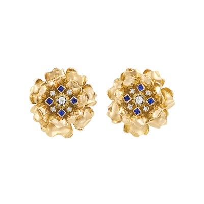 Lot 45 - Pair of Retro Gold, Diamond and Sapphire Flower Earclips