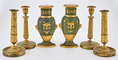 Lot 300 - Two Pairs of Empire Gilt-Metal Candlesticks...
