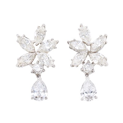 Lot 411 - Pair of Platinum and Diamond Cluster Pendant-Earrings