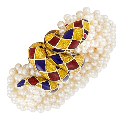 Lot 397 - Multistrand Cultured Pearl, Gold and Enamel Torsade Bracelet, Cartier