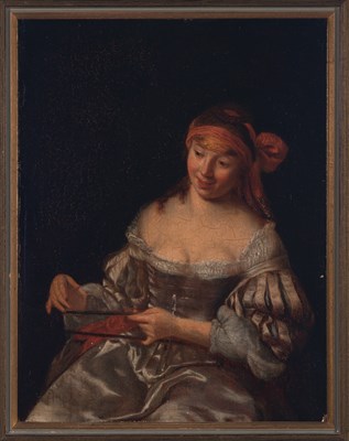 Lot 38 - School of Jacob Ochtervelt A Lady Spinning Oil...