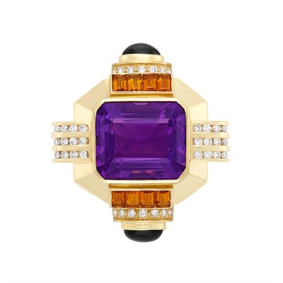 Lot 51 - Gold, Amethyst, Diamond, Citrine and Cabochon Tourmaline Clip-Brooch