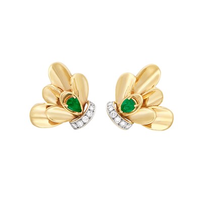 Lot 39 - Pair of Two-Color Gold, Emerald and Diamond Earclips, Limoges