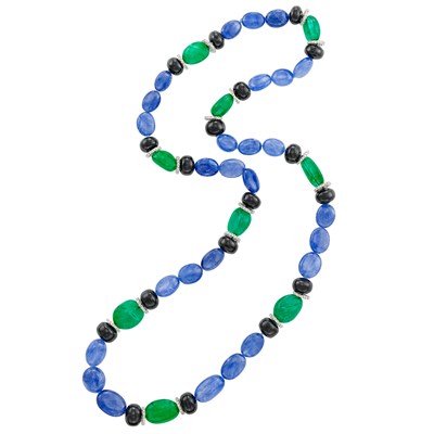 Lot 406 - Long Sapphire, Emerald and Black Spinel Bead, White Gold and Diamond Necklace